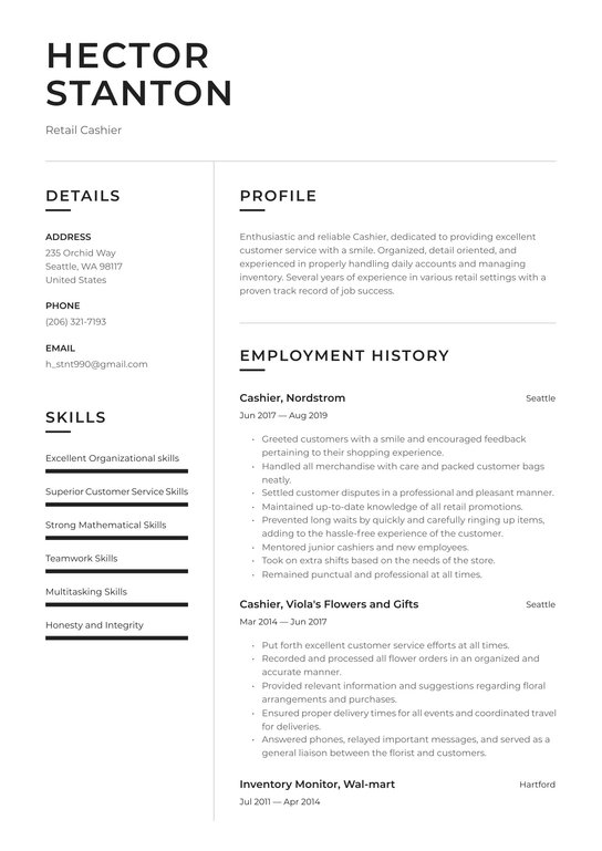 Cashier CV format in Word