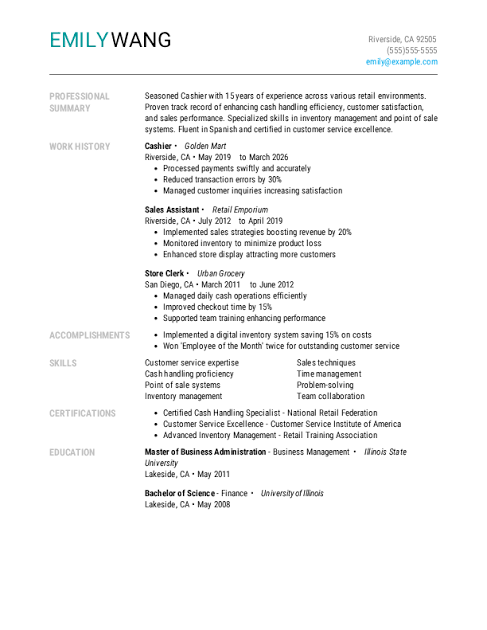 Cashier ats resume template free download