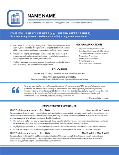 Cashier ats resume template word