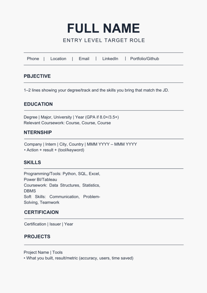 Entry level one page ats resume template free