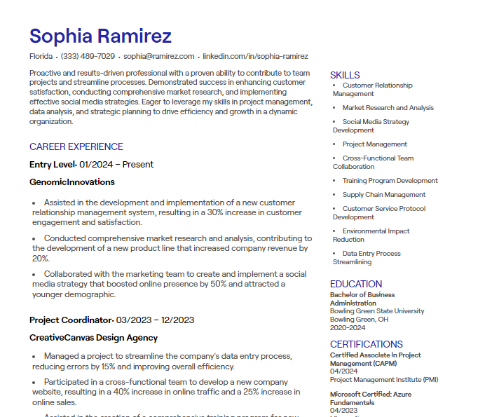 Entry level one page ats resume template word
