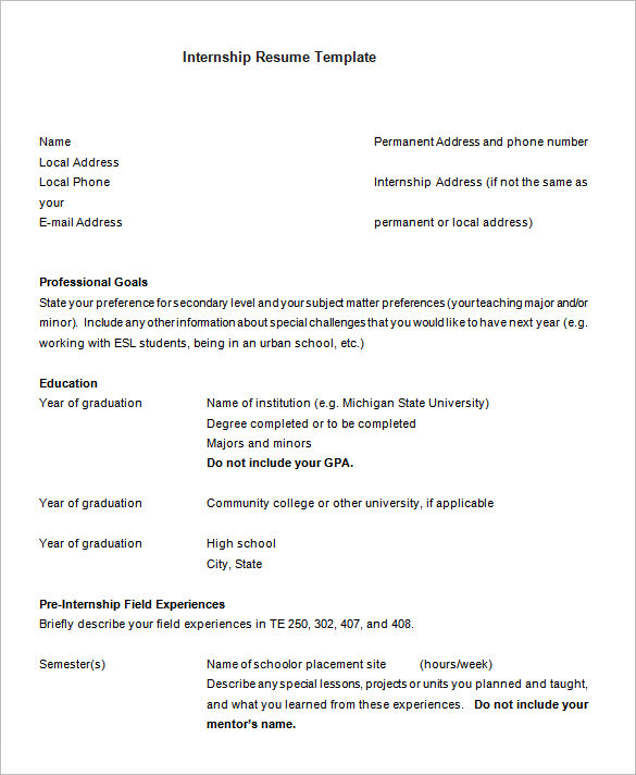 Internship resume template free Internship resume template free