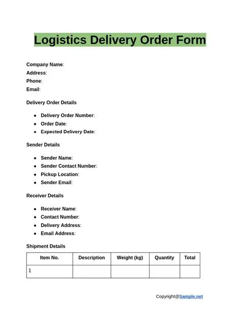 Logistics Order Form Logistics Order Form