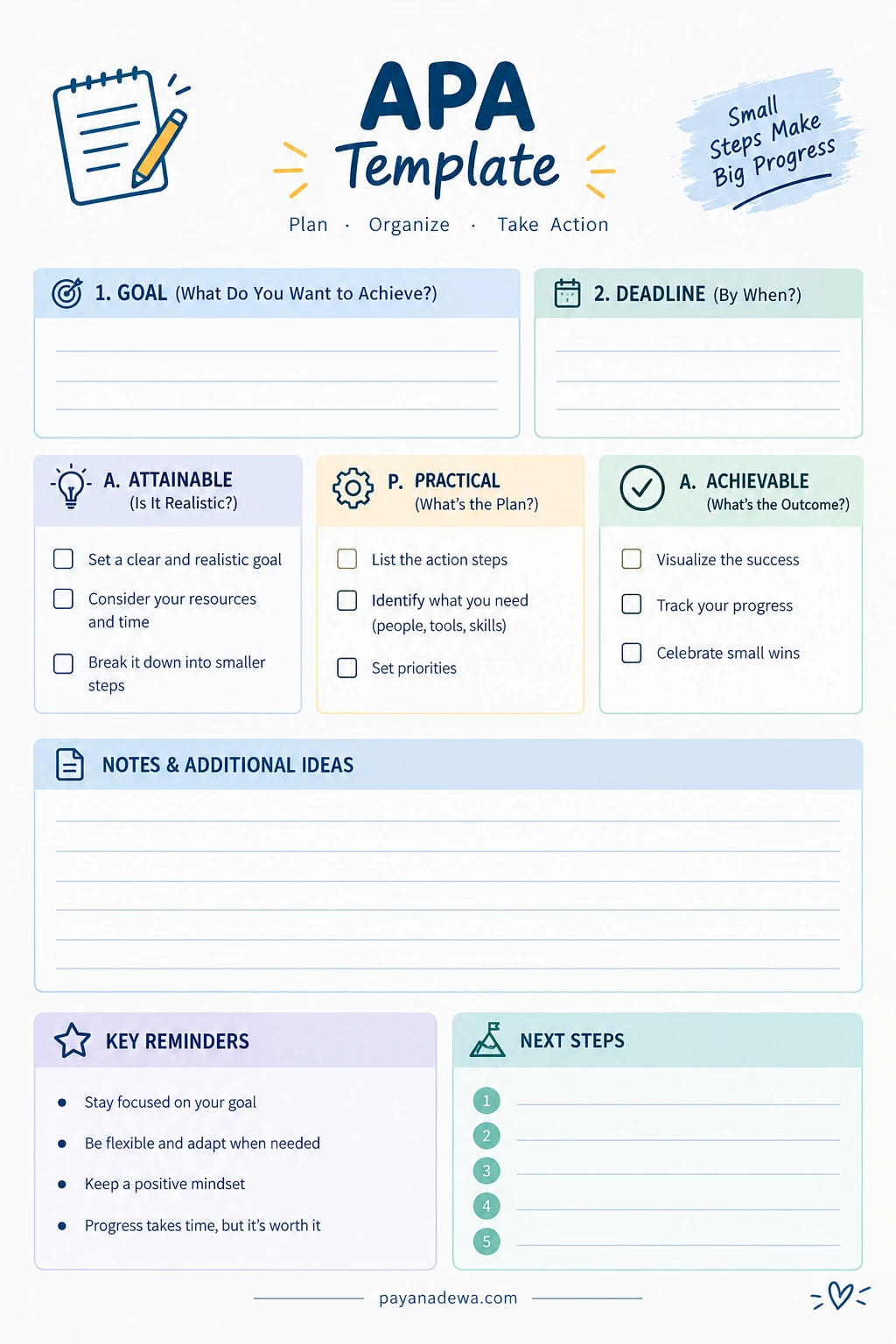 Printable APA template for organizing academic goals, notes, action steps, and research planning