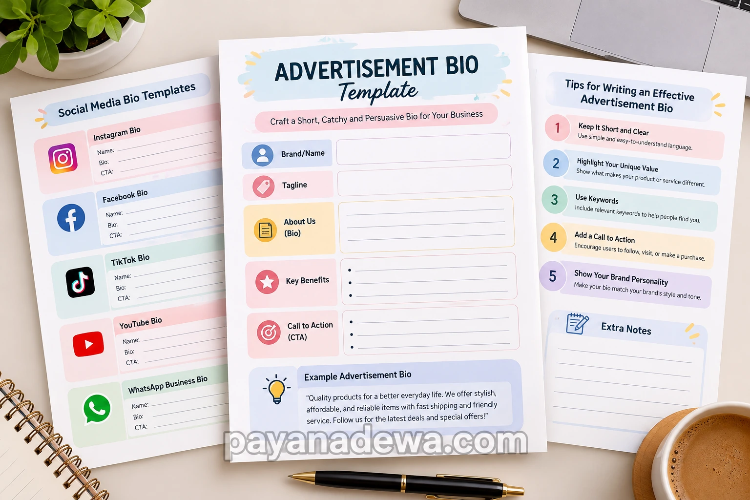 Printable Advertisement Bio Template with brand identity, tagline, business bio, key benefits, call to action, and social media bio examples.