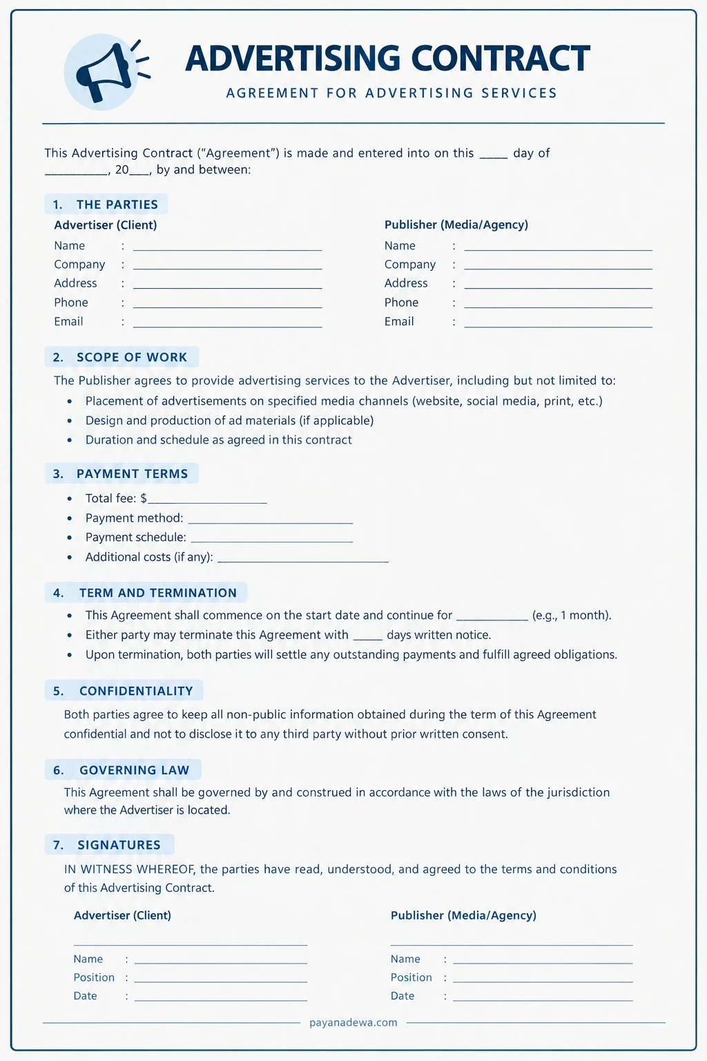 Advertising Contract Template for advertising services, payment terms, campaign details, termination, and signatures