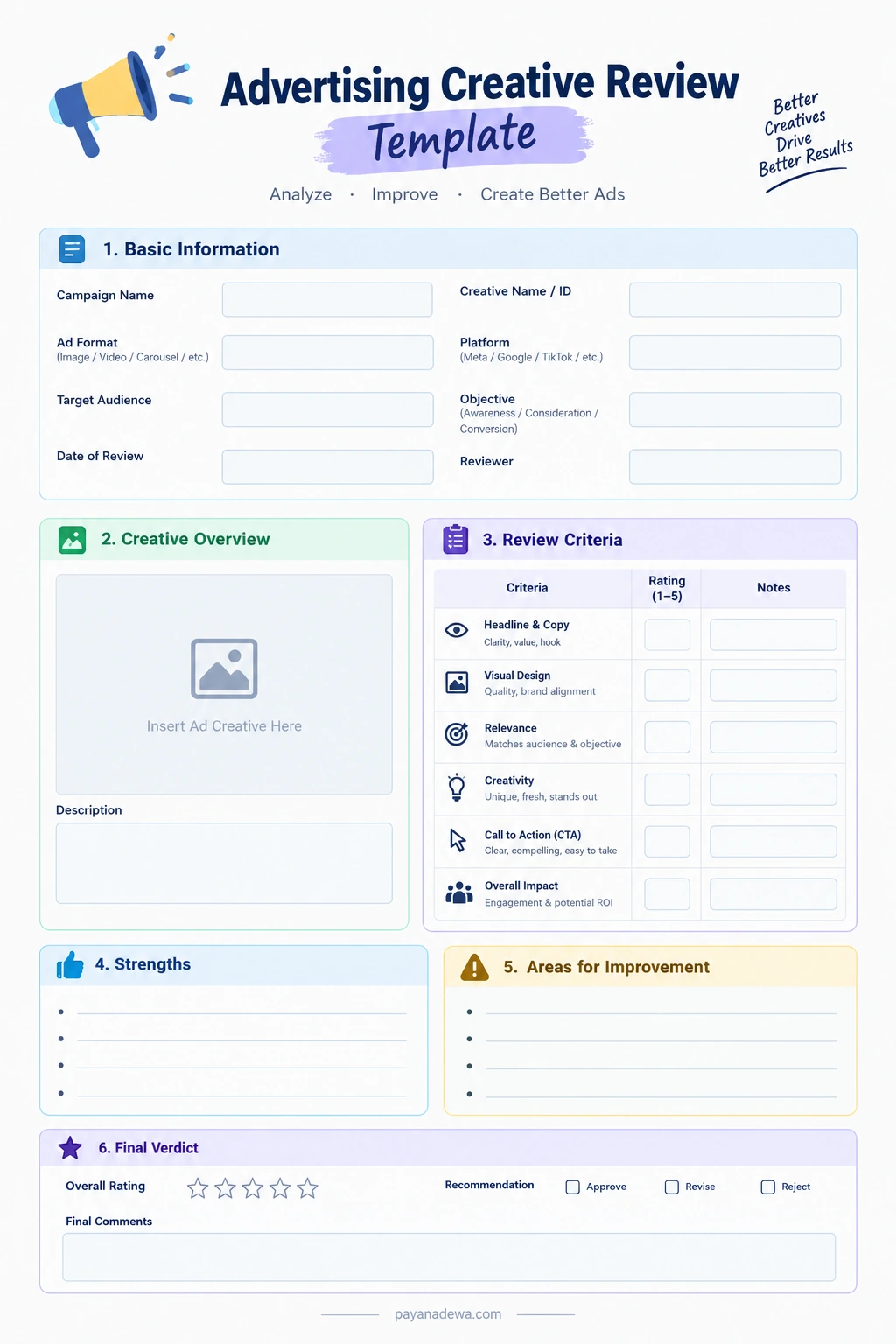 Printable Advertising Creative Review template for evaluating ad copy, visual design, relevance, creativity, call to action, and overall impact