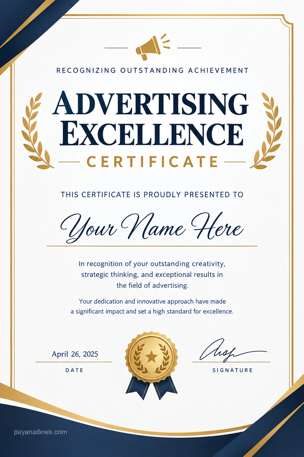 Advertising Excellence Certificate Template Professional Advertising Excellence Certificate template with navy blue and gold design