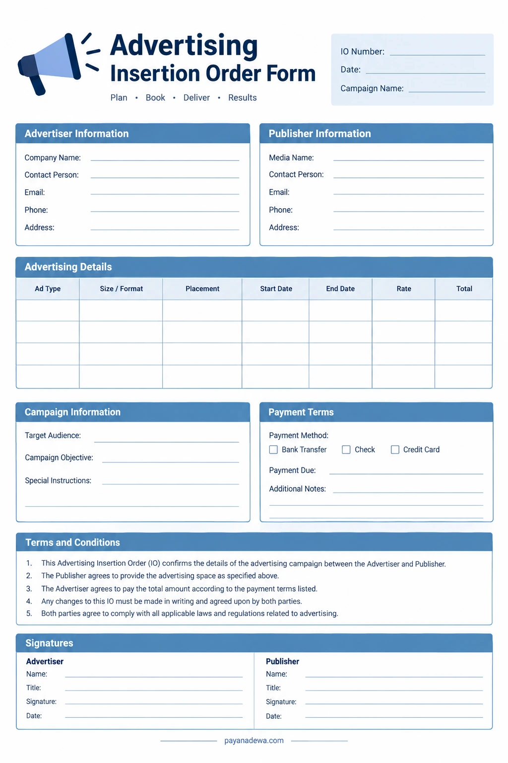Advertising Insertion Order Form template with advertiser information, publisher details, campaign dates, pricing, payment terms, and signatures
