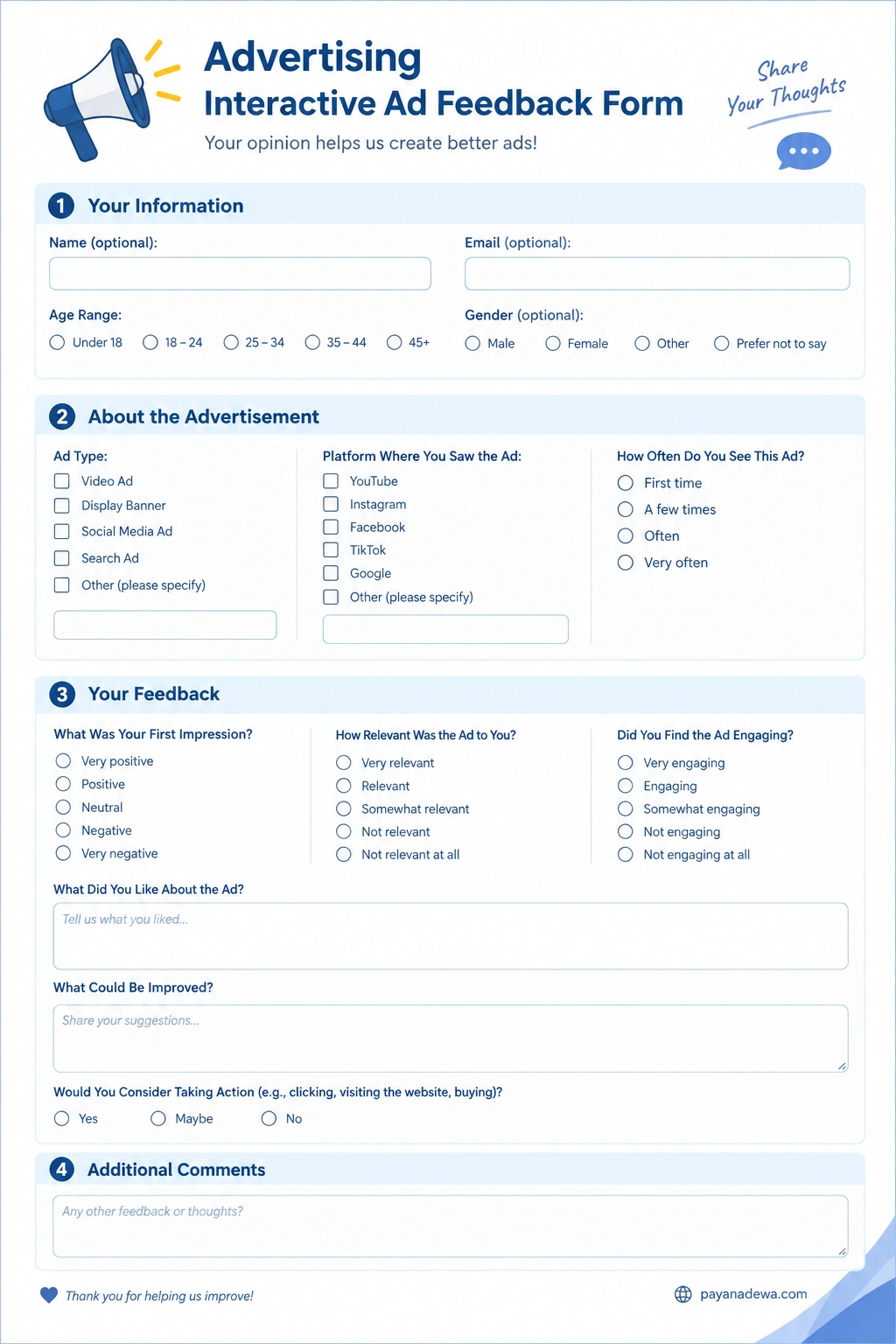 Advertising Interactive Ad Feedback Form template for collecting viewer opinions about advertisement relevance, engagement, and effectiveness