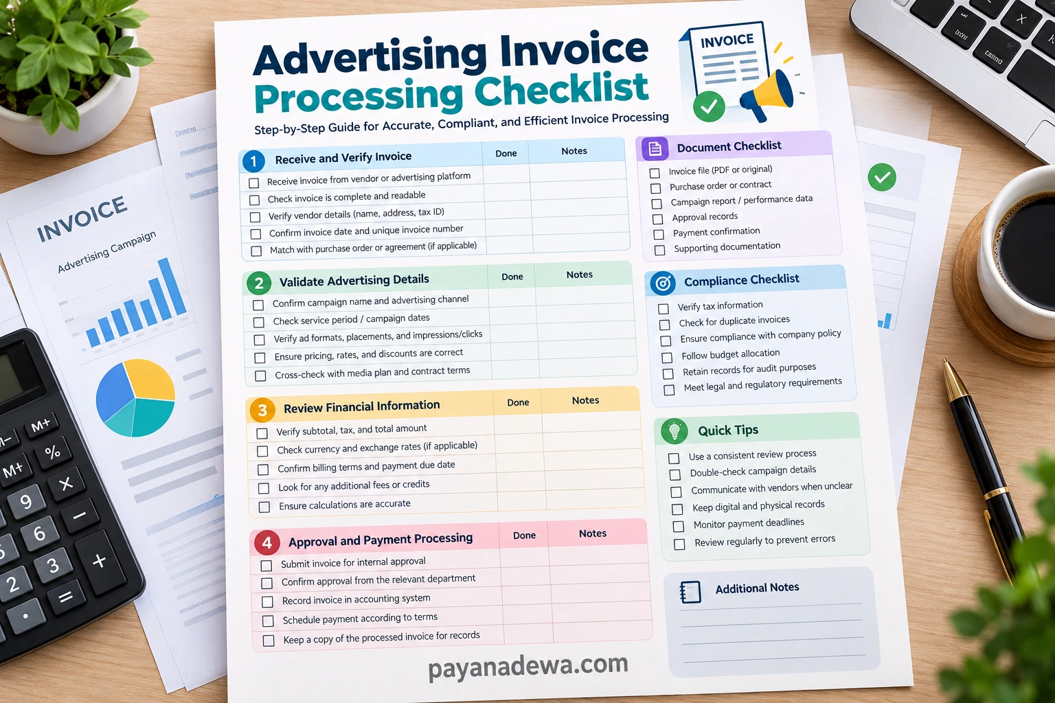 Advertising Invoice Processing Checklist template for verifying campaign expenses, invoice details, approvals, and payments