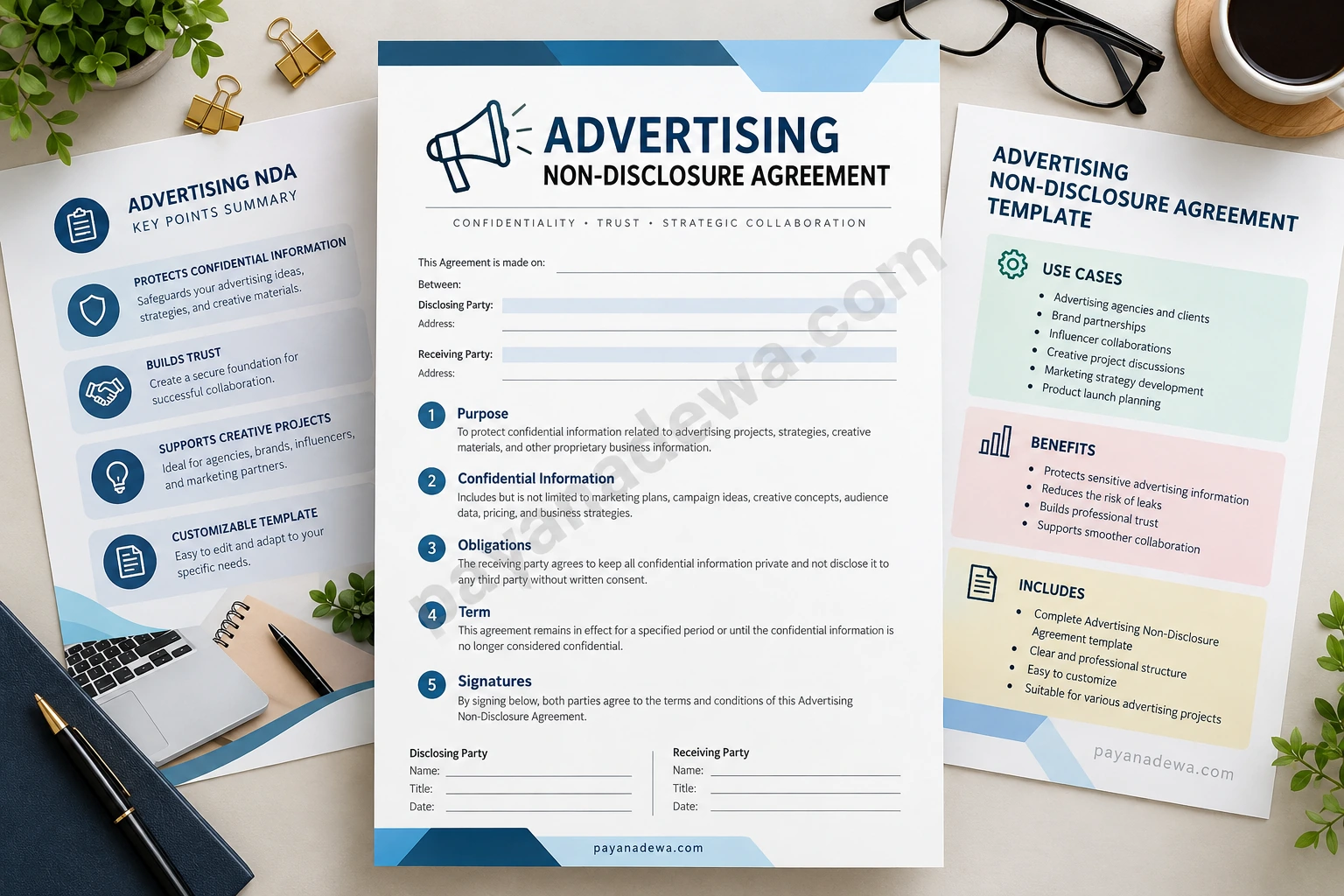 Advertising Non-Disclosure Agreement template for protecting confidential marketing strategies, campaign ideas, and business information.
