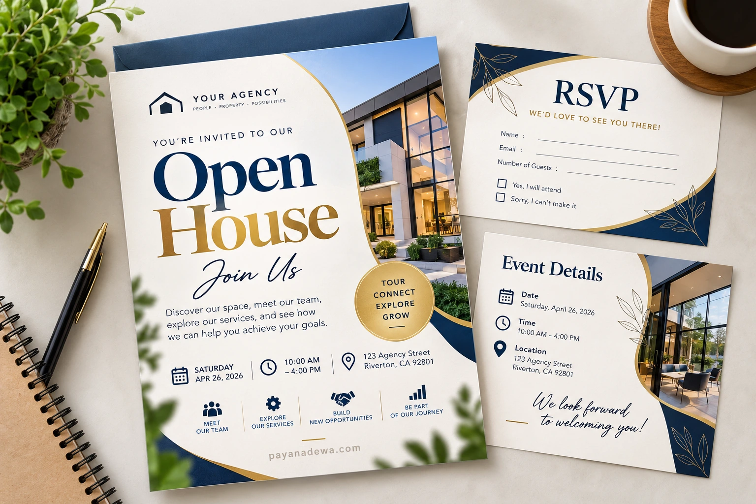 Agency open house invitation card template with navy and gold accents, event details, RSVP card, and professional real estate branding