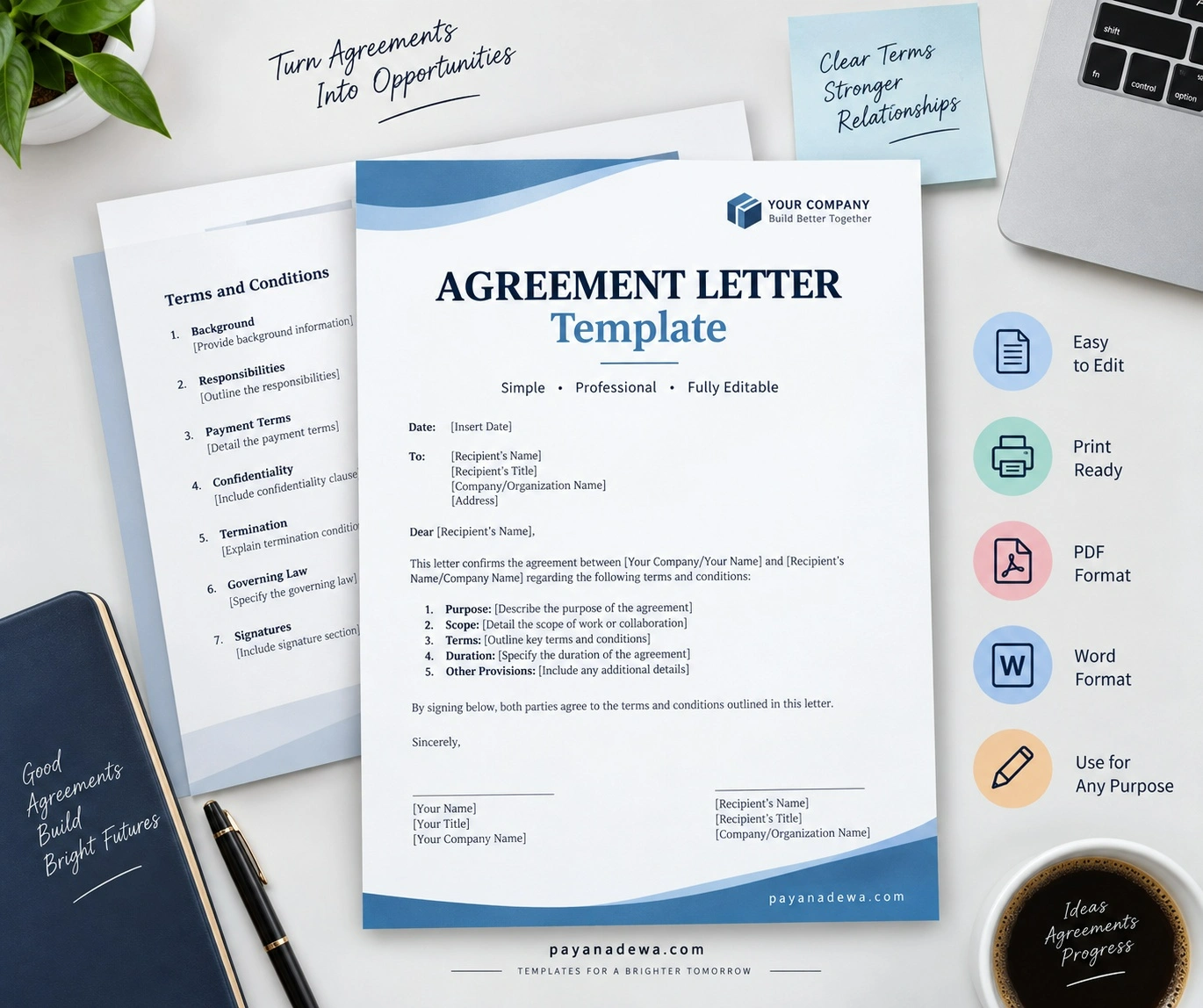 Agreement Letter Template Professional Agreement Letter Template with terms and conditions, signatures, and editable document format