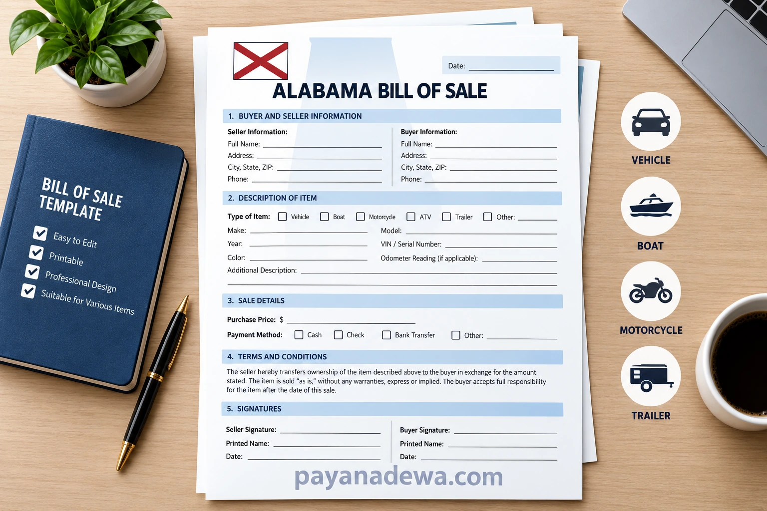 Printable Alabama Bill of Sale Template for private sales and vehicles