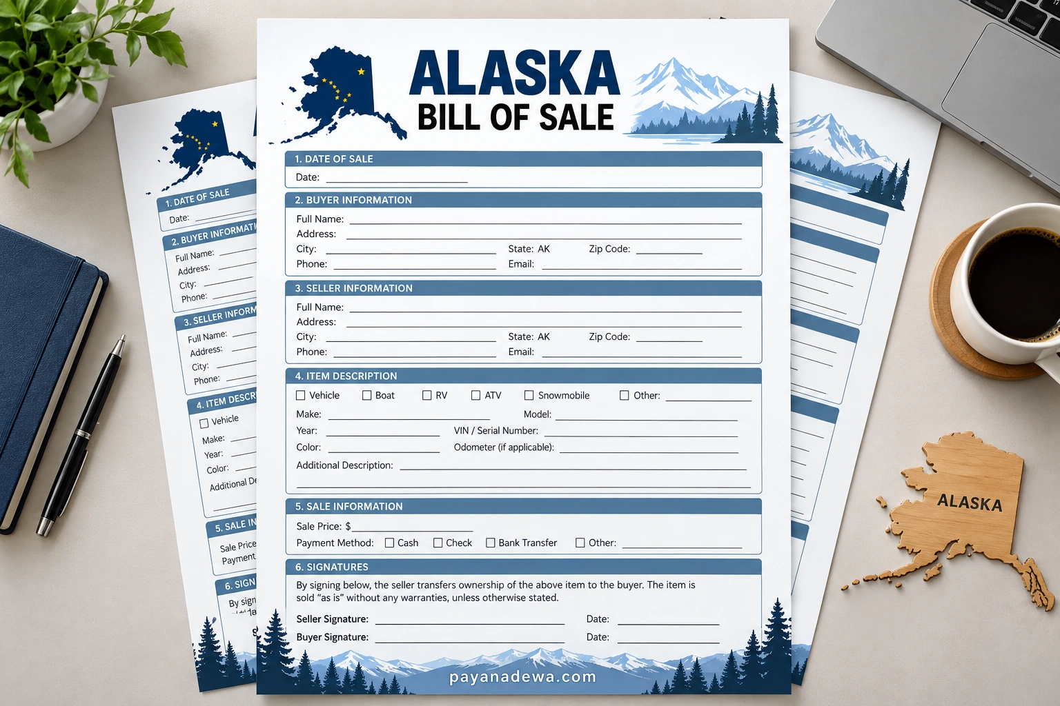 Alaska Bill of Sale Template Printable Alaska Bill of Sale template showing buyer, seller, property, payment, and signature sections