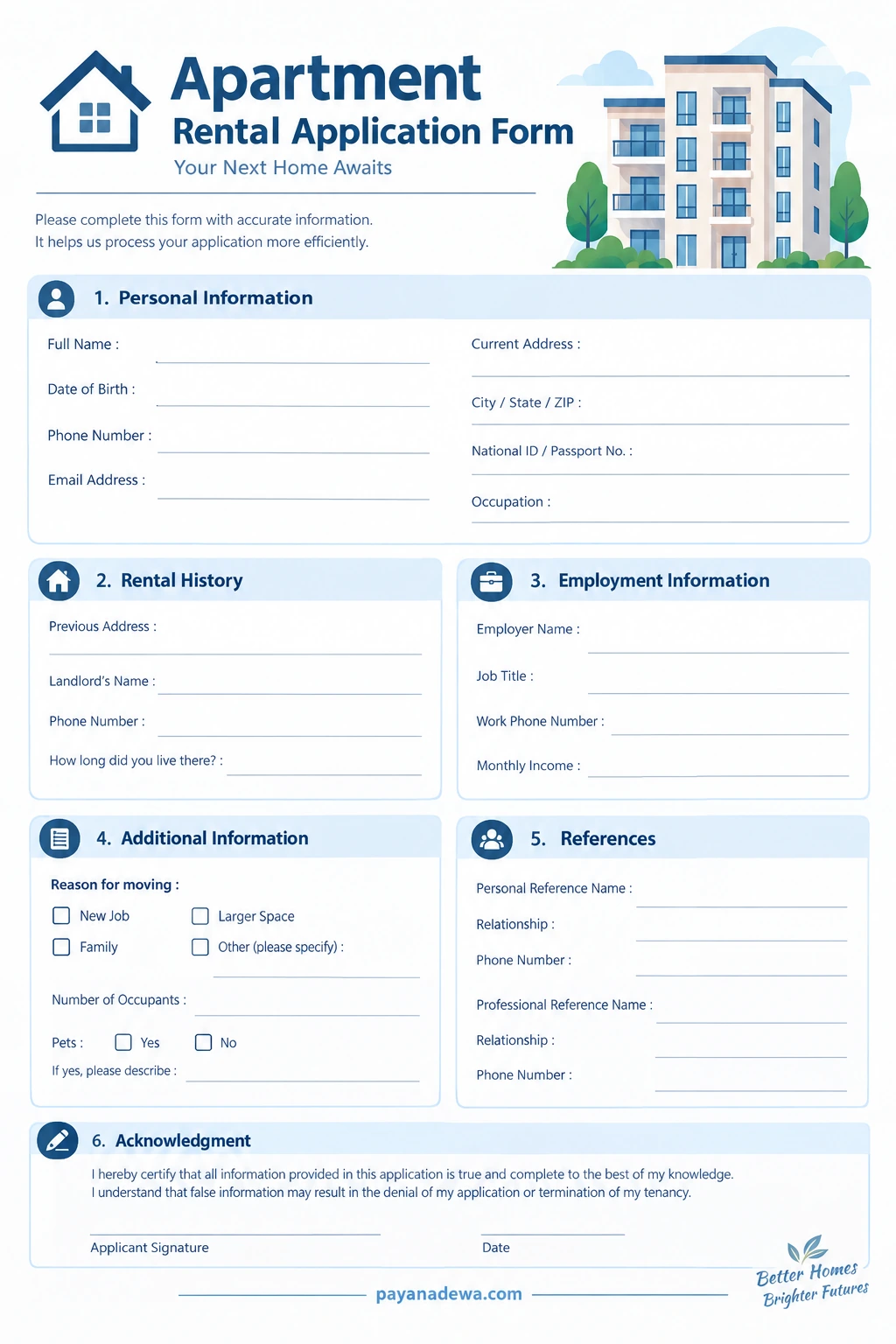 Clean printable apartment rental application template with personal information, rental history, employment, references, and acknowledgment sections
