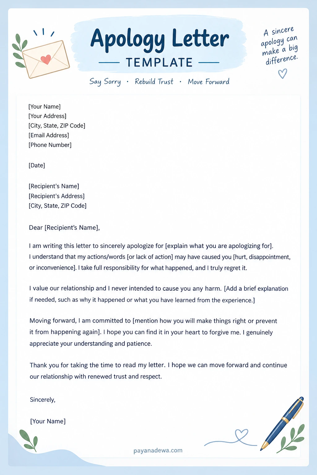 Apology Letter Template Printable apology letter template for writing a sincere and heartfelt apology