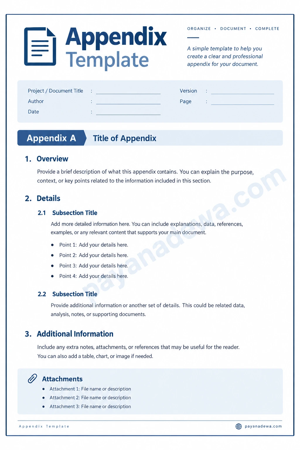 Printable appendix template for organizing supporting information in a professional document
