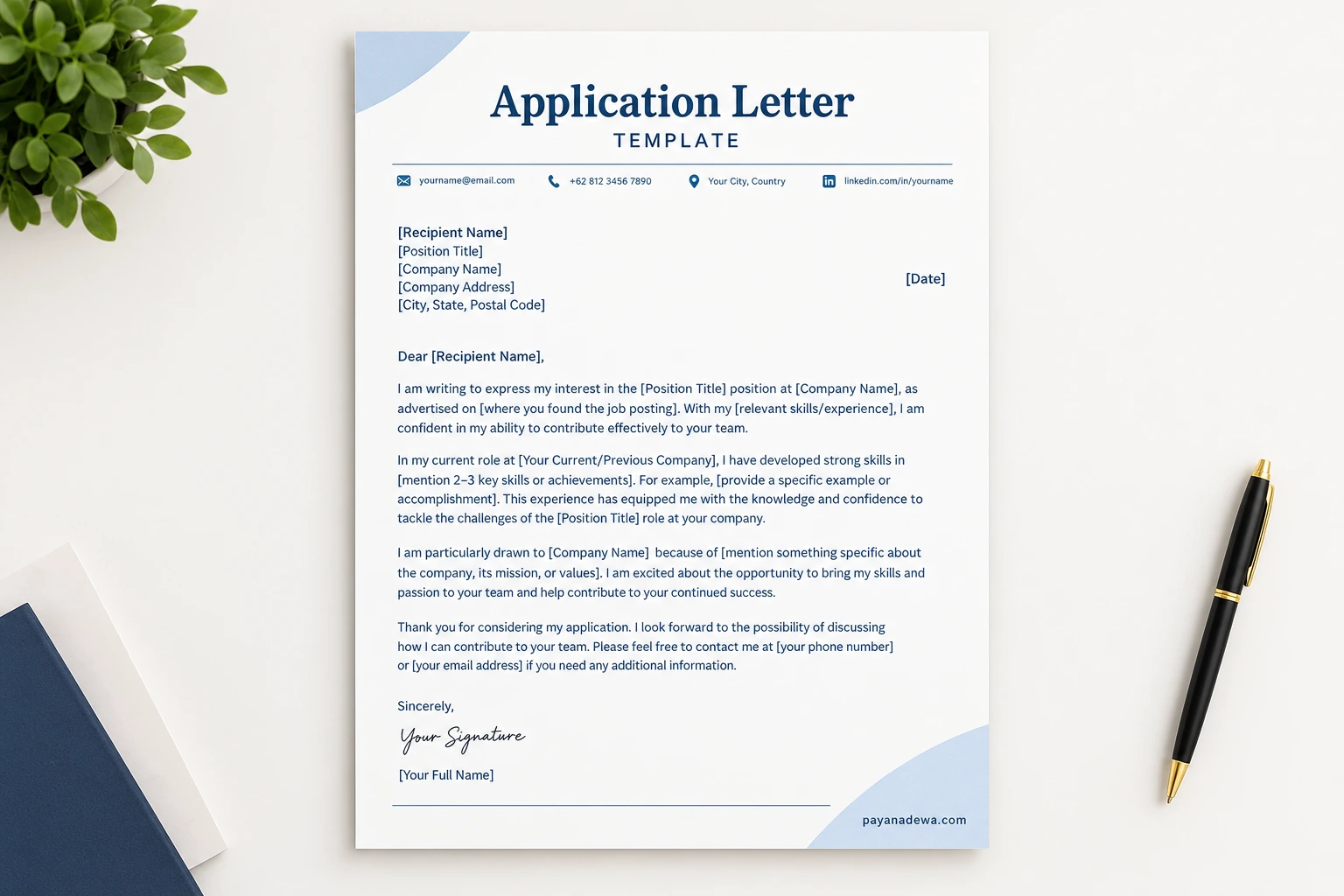 Clean printable application letter template with professional layout and placeholders