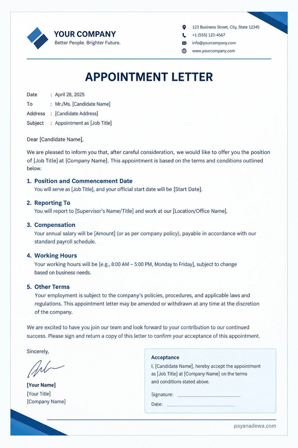 Professional appointment letter template with job details, salary, working hours, and employee acceptance section