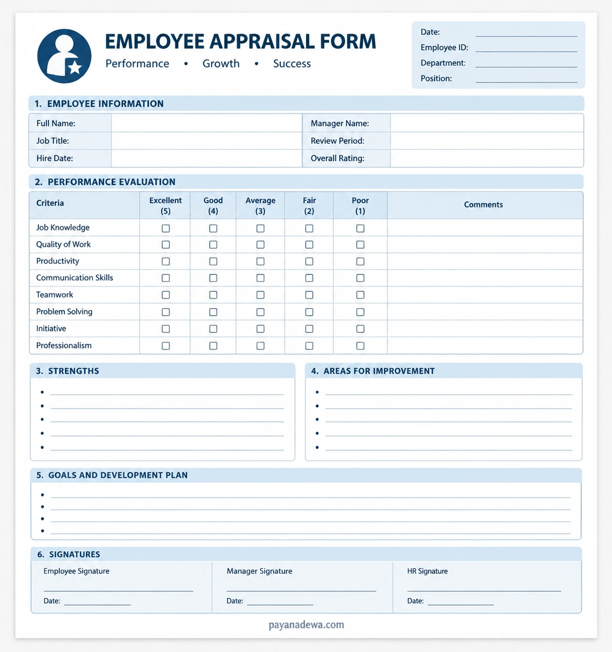 Printable employee appraisal form template for performance evaluation