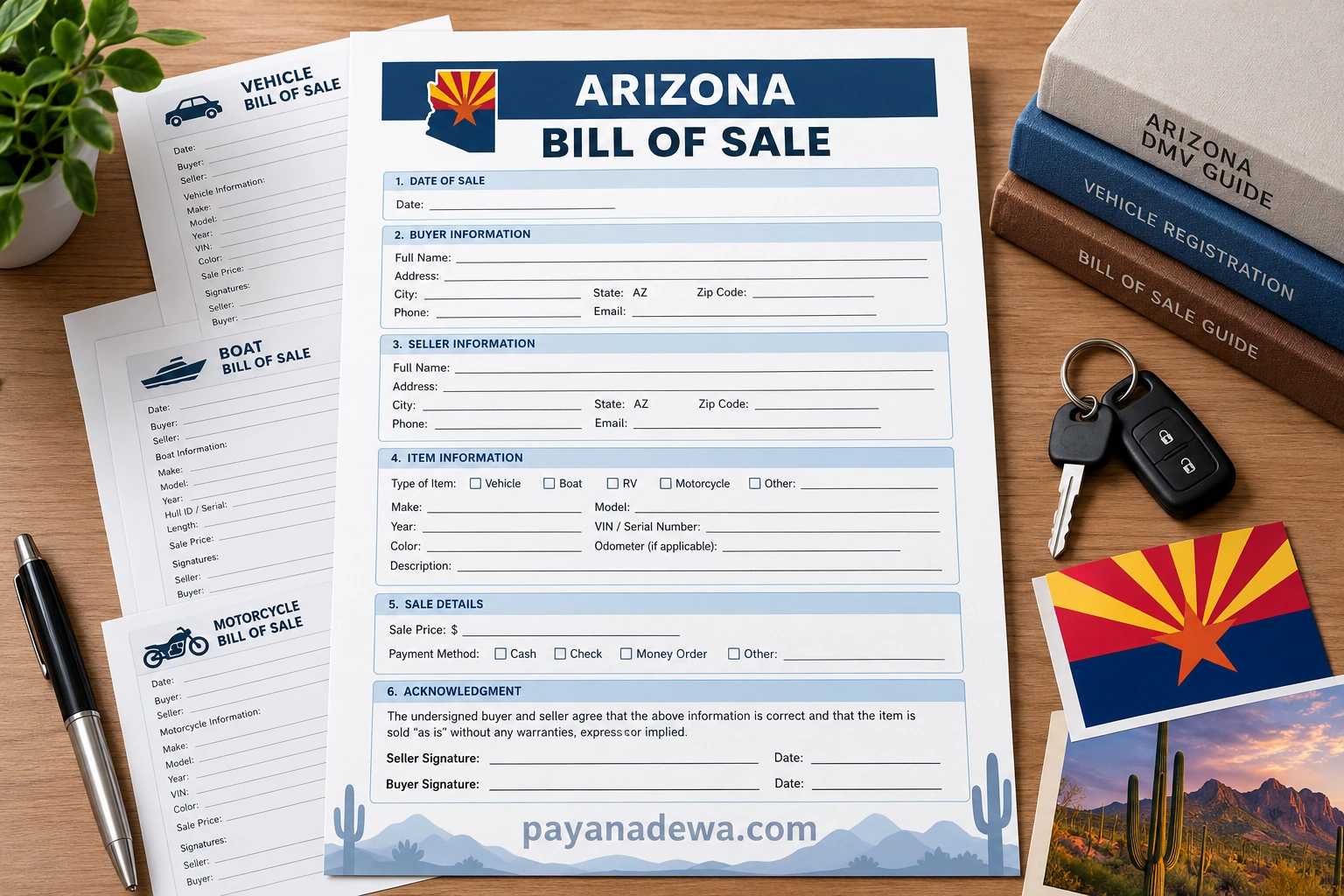 Arizona Bill of Sale template for documenting a vehicle sale between a buyer and seller