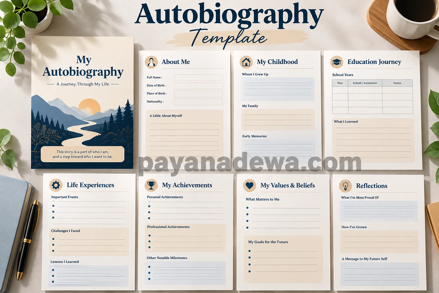 Printable autobiography template with sections for personal information, childhood, education, life experiences, achievements, values, and reflections