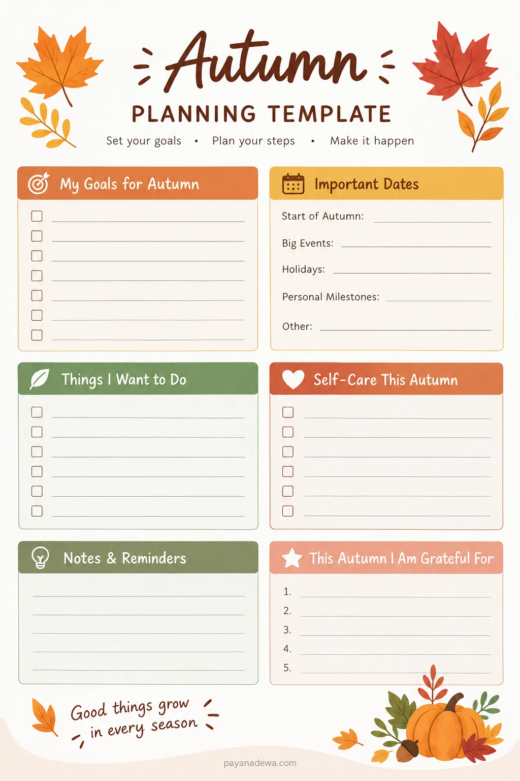 Printable autumn planning template with seasonal goals, activities, important dates, self-care, notes, and gratitude sections