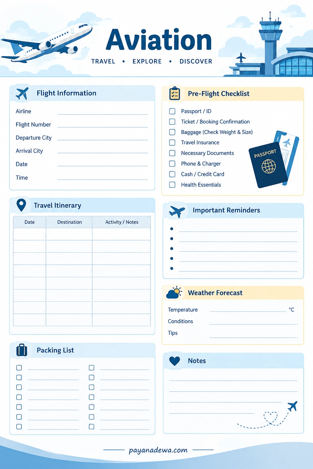 Aviation travel planning template with flight information, pre-flight checklist, itinerary, packing list, weather, and notes