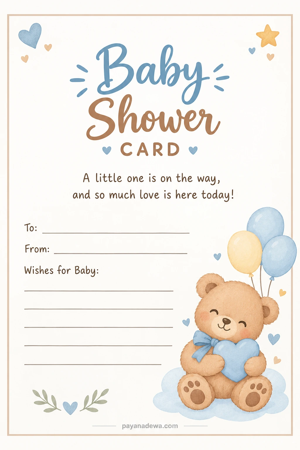Printable baby shower card template with teddy bear, balloons, hearts, and space for personalized wishes