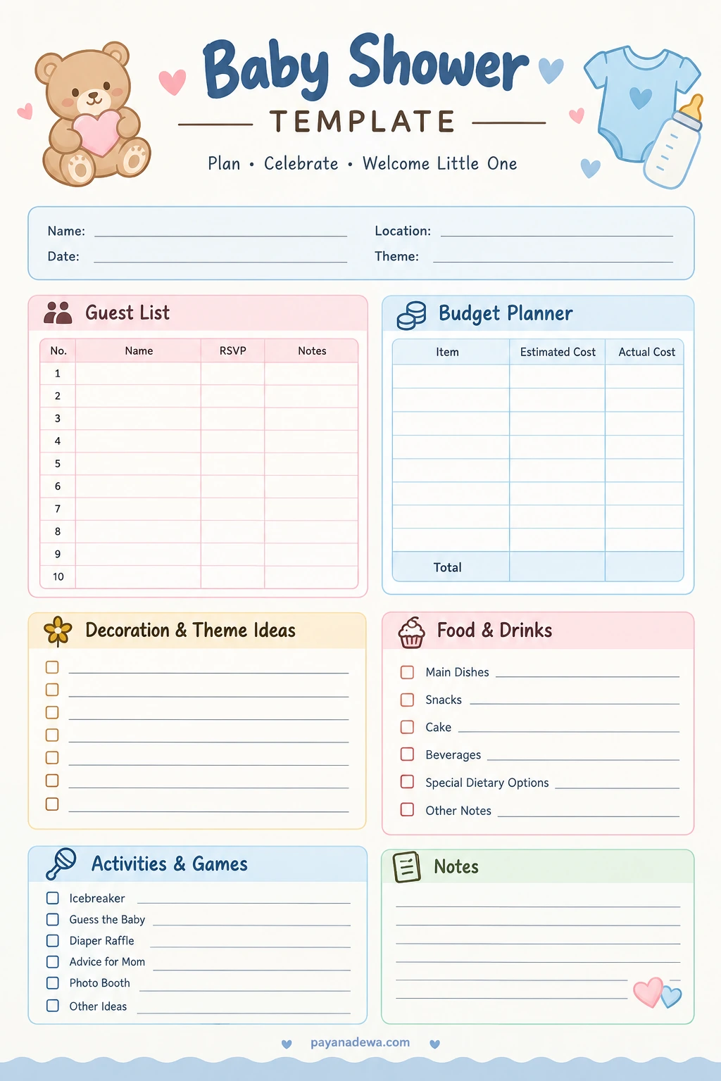 Printable baby shower planning template with guest list, budget, decorations, food, activities, and notes