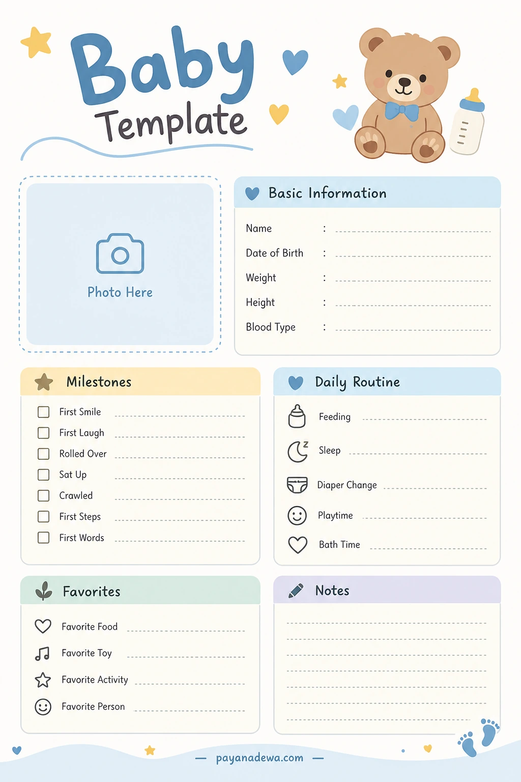 Printable baby template for recording basic information, milestones, daily routines, favorites, and notes