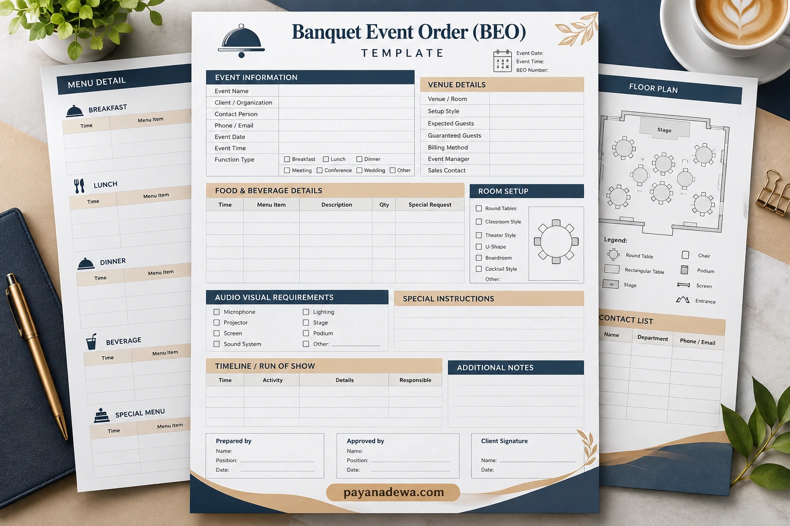 Banquet Event Order (BEO) Template Banquet Event Order BEO template showing event details, catering, room setup, timeline, audiovisual requirements, and special instructions