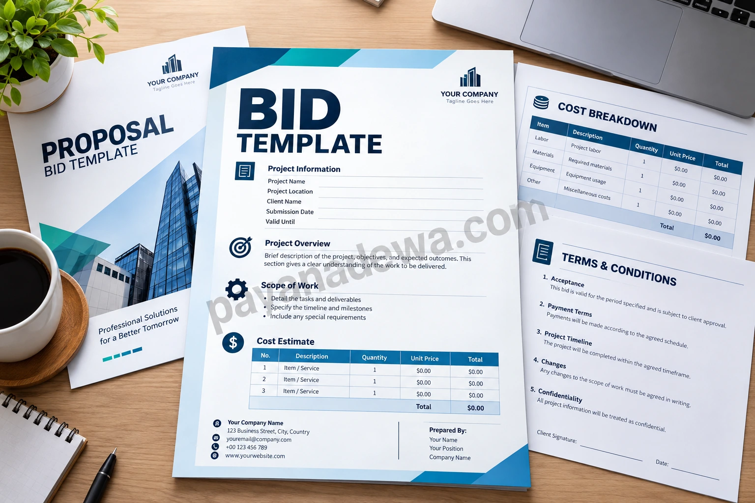Bid Template Professional Bid Template document with project information, scope of work, pricing, and terms