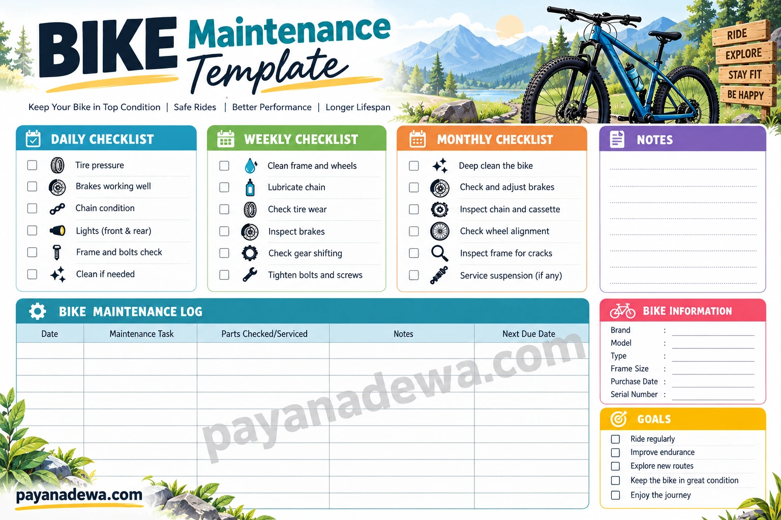 Printable Bike Template for maintenance, riding goals, and bike information