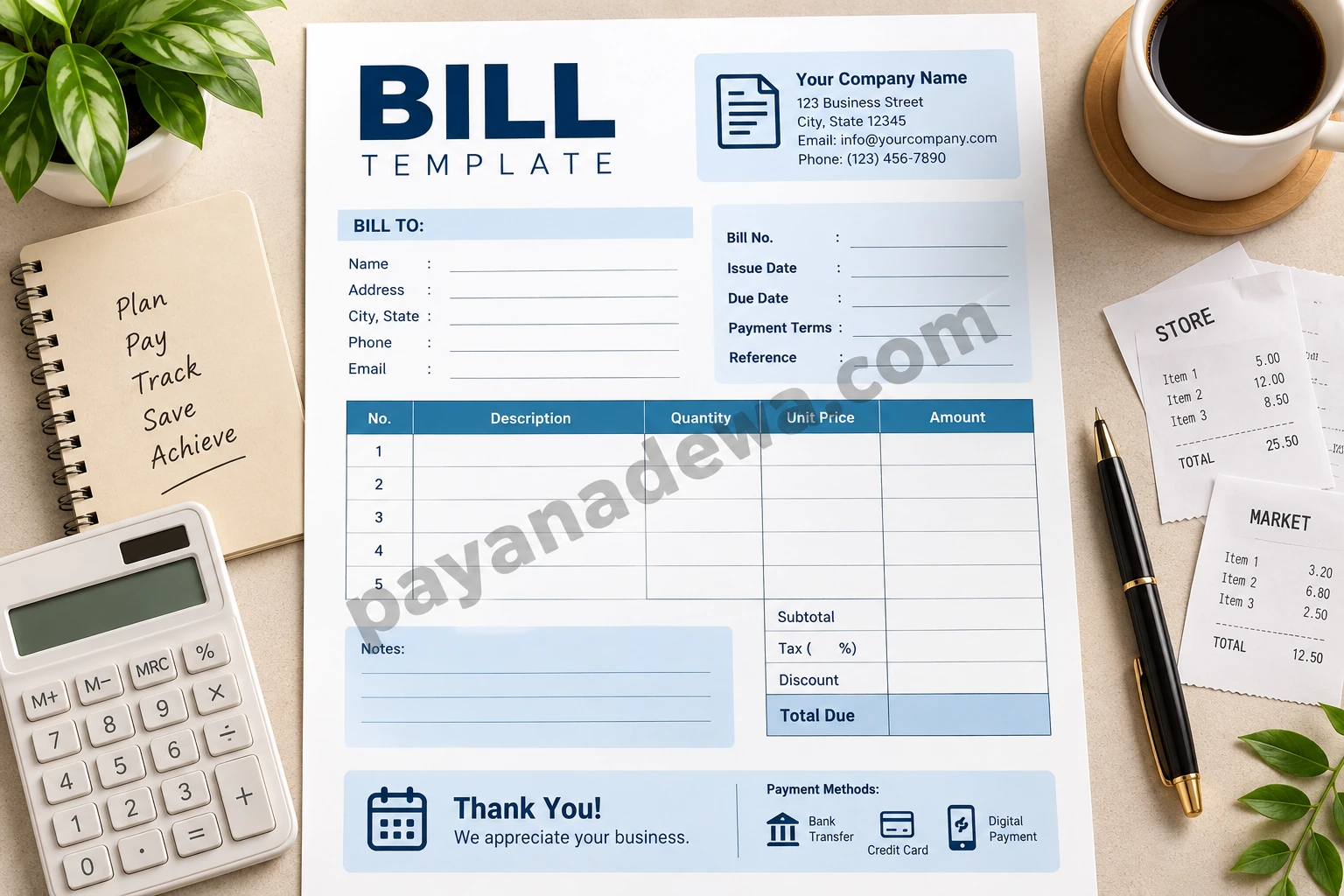 Printable Bill Template with customer details, itemized charges, totals, and payment information