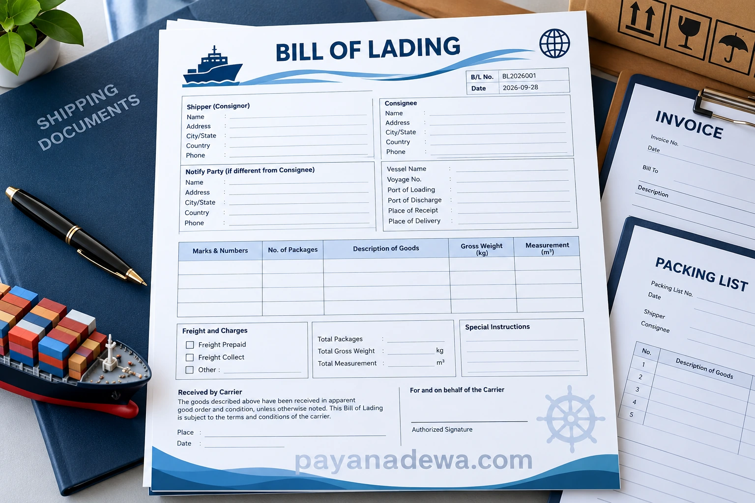 Printable Bill of Lading template for shipping and freight documentation