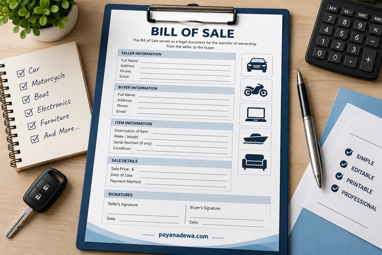 Bill of Sale Template Printable Bill of Sale Template with buyer, seller, item, sale details, and signature sections