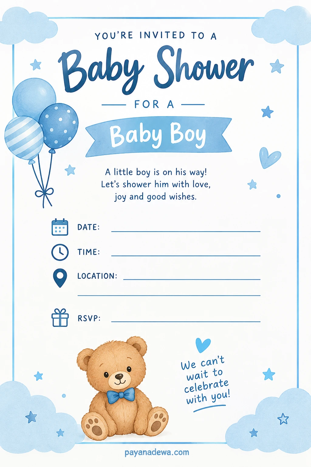 Printable boy baby shower invitation template with blue balloons, teddy bear, clouds, and baby shower details