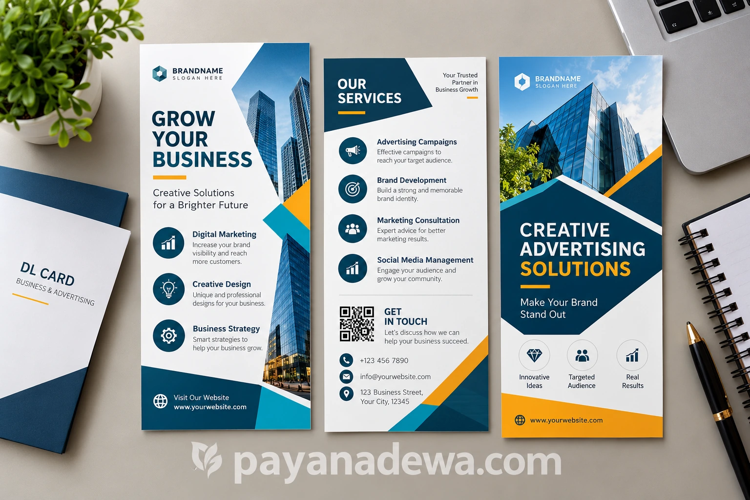 Business and Advertising DL Card Template Business And Advertising DL Card template featuring modern corporate branding, advertising services, contact details, and professional marketing layouts.