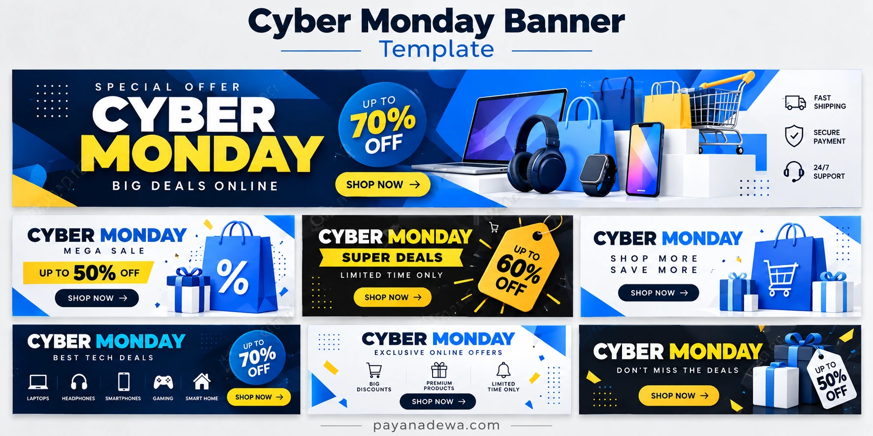 Cyber Monday Banner Template featuring online shopping discounts, sale promotions, and shop now buttons