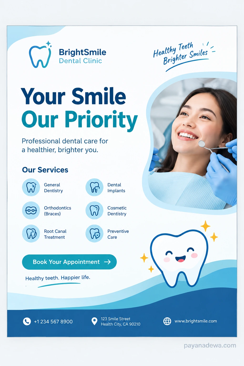 Professional Dental Banner Template for a modern dental clinic with services, appointment call to action, and dentist patient imagery