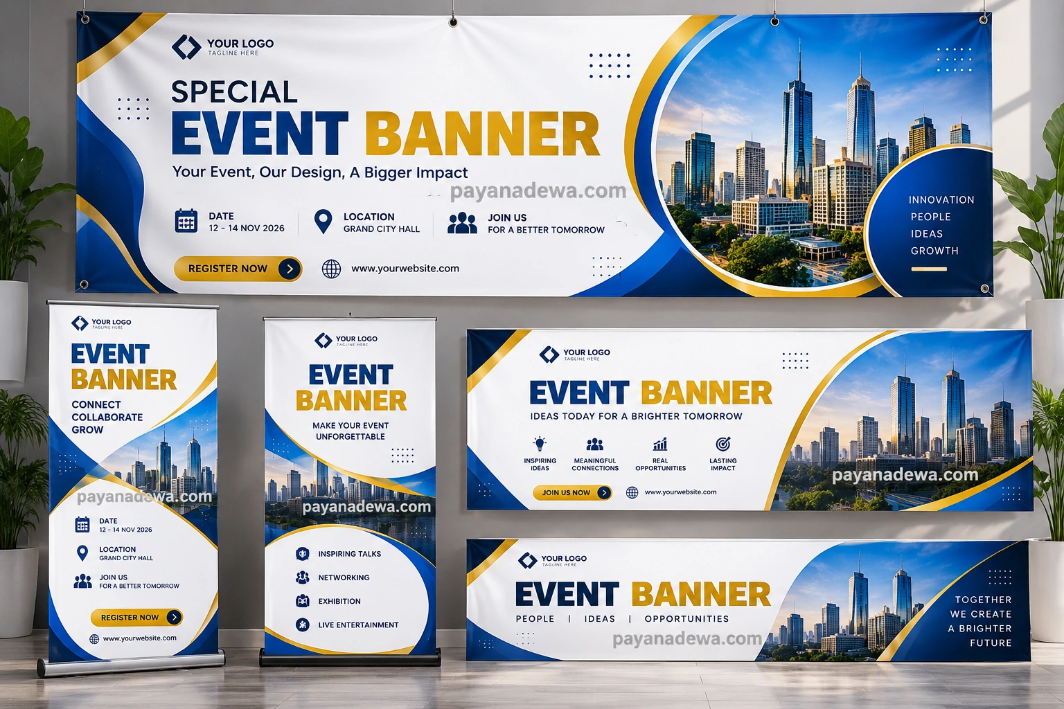 Professional Event Banner Template design with blue, white, and gold event graphics
