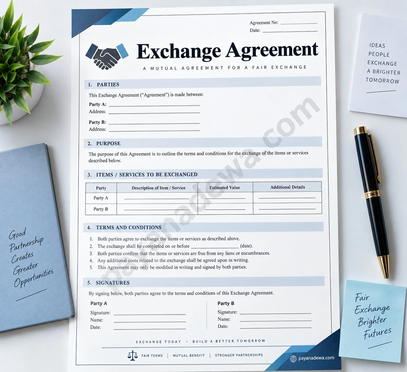 Printable Exchange Agreement Template document with fields for parties, exchanged items, terms, conditions, and signatures