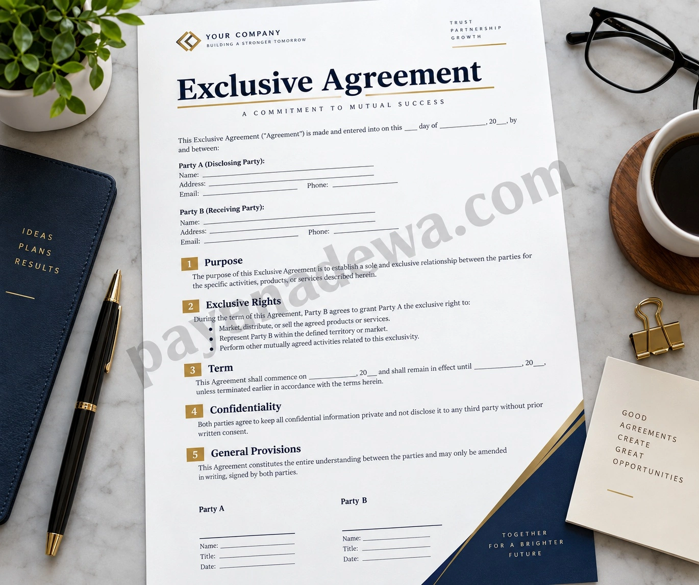 Professional Exclusive Agreement Template document with business contract sections and signature fields