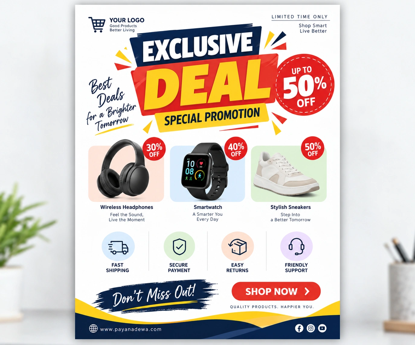 Exclusive Deal Promotion Flyer Template Exclusive Deal Promotion Flyer Template featuring a limited-time discount, featured products, promotional benefits, and a shop now call to action