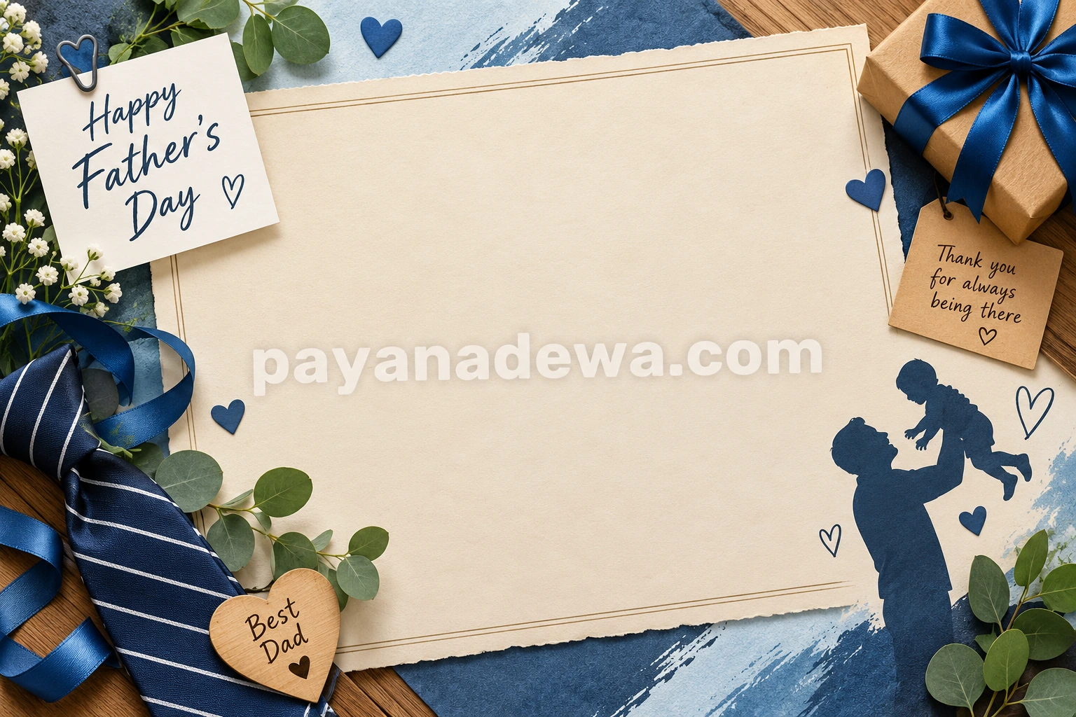 Father's Day background template with navy blue decorations, gift box, tie, flowers, and father and child silhouette