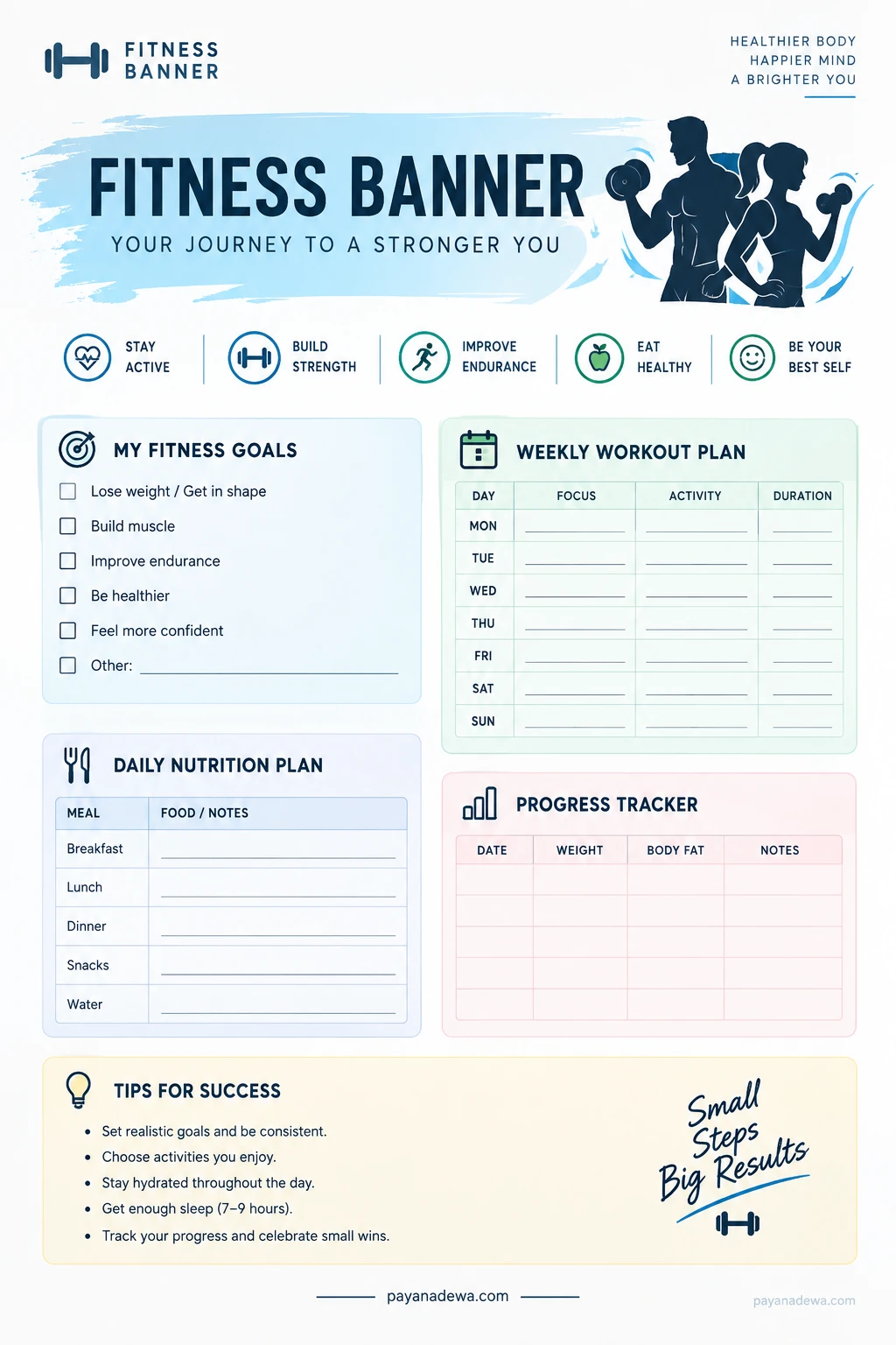 Clean printable fitness banner template with workout plan, nutrition tracker, fitness goals, and progress tracking sections