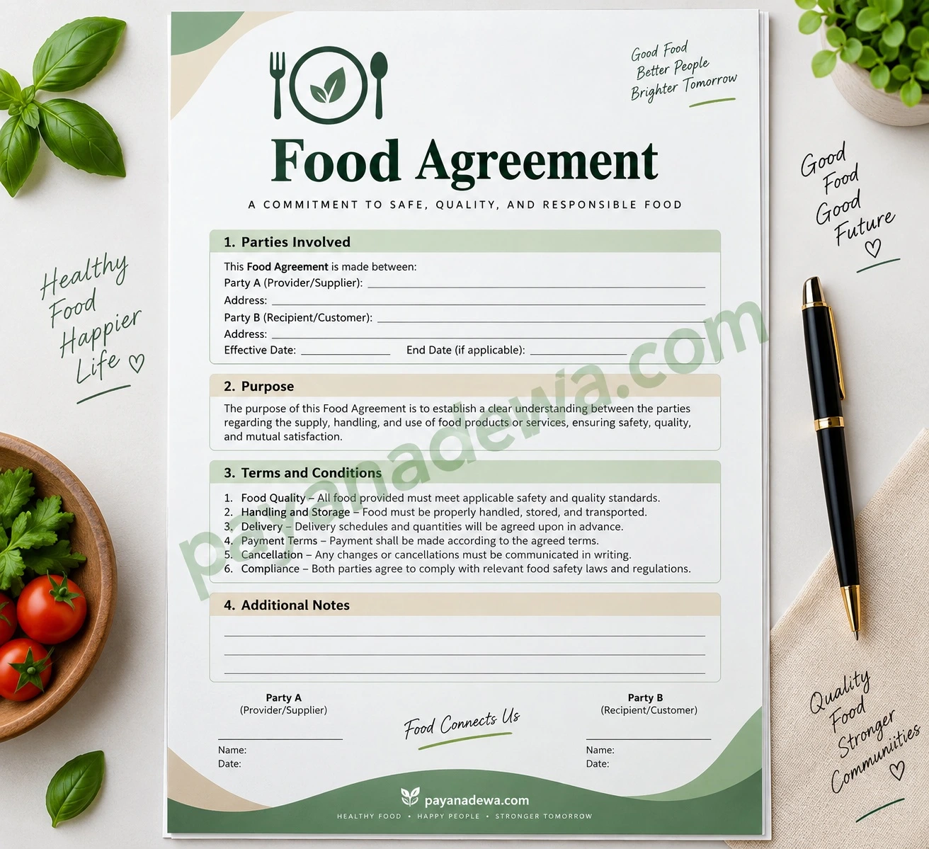 Food Agreement printable template for food suppliers and customers